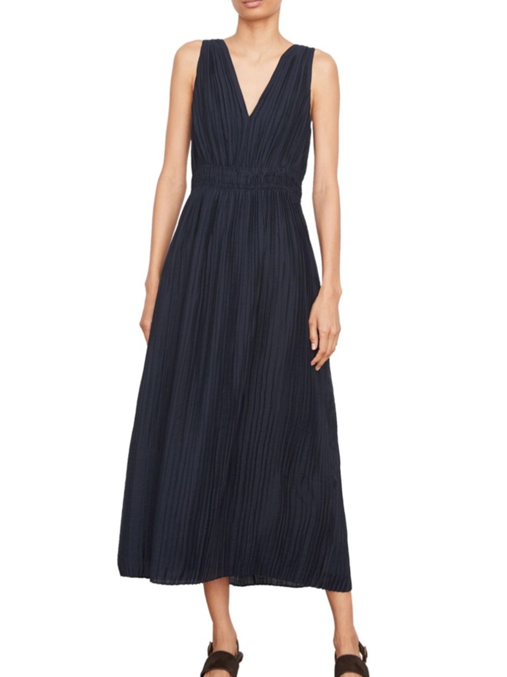 NWT Vince Women's Pleated DBL V-NK Dress, Coastal